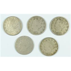LOT OF (5) LIBERTY NICKELS BETTER DATES 1883 BU, 1912 D, 1895, 1896, 1896