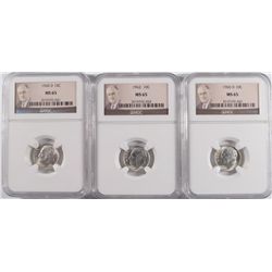 LOT OF ( 2 ) 1960-D AND ( 1 ) 1962 ROOSEVELT DIMES, ALL NGC MS-65