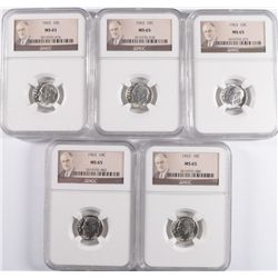LOT OF ( 5 ) 1963 ROOSEVELT DIMES, ALL NGC MS-65