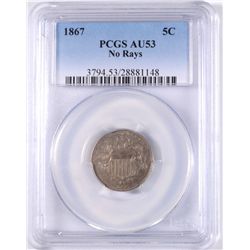 1867 NO RAYS SHIELD NICKEL, PCGS AU-53  NICE COIN!