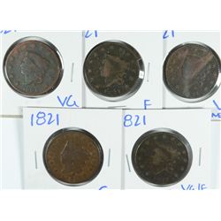 (5) 1821 LARGE CENTS GOOD