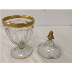 Older Panel Glass Covered Jar With Gold Trim (9" high)