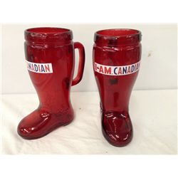 2 "I Am Canadian" Red Glass Boot Beer Steins (32 oz)