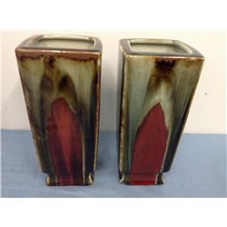 Pair of Heavy Hand Crafted Pottery Square Vases (10.5" high, top is 4.5" X 4.5")