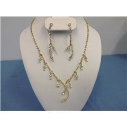 Joshua Lieff Designer Yellow Gold Plated Necklace and Earrings With Clear Swarovski Crystals