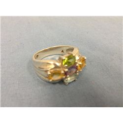 Vintage Sterling Silver Ring With Genuine Peridot, Amethyst, Citrine, London Topaz and Yellow Quartz