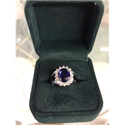 Designer Rhodium Plated Ring With Blue and Clear Swarovski Crystals (size 5.75)