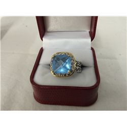 Designer Rhodium Plated Ring With Blue and Clear Swarovski Crystals (size 7)