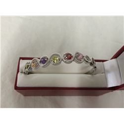 Designer Rhodium Plated Bangle Bracelet With Multi Colored Swarovski Crystals