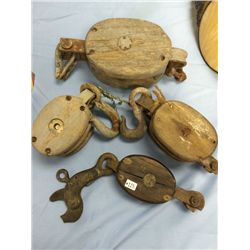 4 Antique Wood Block Pulleys