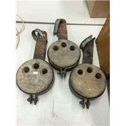 3 Antique Wood and Metal Pulleys (6.5" diameter)