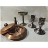 Image 1 : LOT 4 BRASS METAL CANDLE HOLDERS, DISH WITH COVER