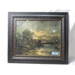 DARK WATERCOLOR PRINT CABIN BY WATER FRAMED