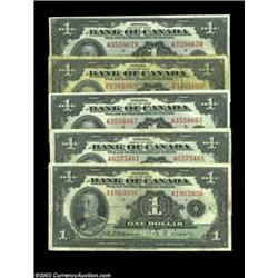 BC-1 $1 1935 English Text. Five examples, all grading from Very Good to Very Fine. 5 notes Important