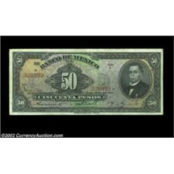 Mexico 50 pesos April 21, 1937 Pick 37aA pleasing example of a scarce note. Very Fine. Important not