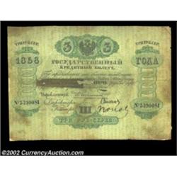 3 rubles 1858, Pick-A34, R-419. Good-Very Good. A lower grade example of the type, this note has bee