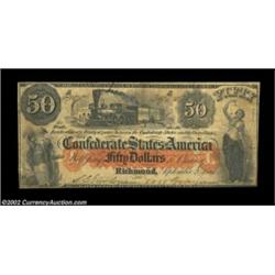 T15 $50 1861. This beautiful red and black CSA $50, printed by the Southern Bank Note Company (actua