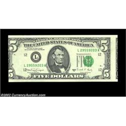 Fr. 1980-L $5 1988A Federal Reserve Note. Choice Crisp Uncirculated. A shifted third printing has ca