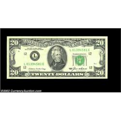 Fr. 2075-L $20 1985 Federal Reserve Note. Extremely Fine.The reverse design is skewed too far to the