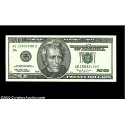 Fr. 2083-A $20 1996 Federal Reserve Note. Gem Crisp Uncirculated.A 3/8 inch strip on the back is und