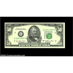 Fr. 2119-G $50 1977 Federal Reserve Note. Choice About Uncirculated.Most of the reverse printing is.