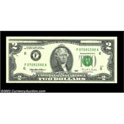 Fr. 1936-F $2 1995 Federal Reserve Note. Gem Crisp Uncirculated.A couple of small board breaks appea