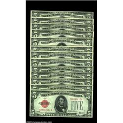 Fr. 1526 $5 1928A Legal Tenders. Choice-Gem Crisp Uncirculated.A run of 13 pieces, with twelve conse