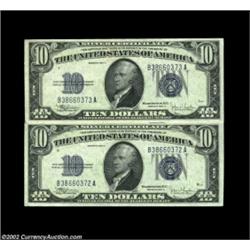 Fr. 1704 $10 1934C Silver Certificates. Gem Crisp Uncirculated.A crackling fresh consecutive pair. 2