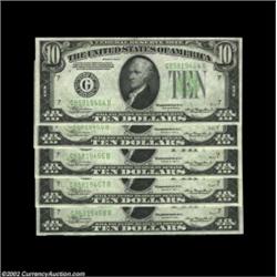 Fr. 2006-G $10 1934A Federal Reserve Notes. Choice-Gem Crisp Uncirculated.Five consecutive notes, al