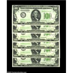 Fr. 2152-G $100 1934 Light Green Seal Federal Reserve Notes. Cut Half Sheet of Six. Choice-Gem Crisp