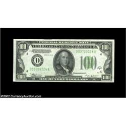 Fr. 2154-D $100 1934B Dark Green Seal Mule Federal Reserve Note. Choice About Uncirculated.A few han