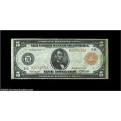 Fr. 833a $5 1914 Federal Reserve Note Red Seal Very Fine. Some wallet staining about the periphery o