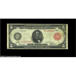 Fr. 842b $5 1914 Red Seal Federal Reserve Note Fine. This is a rather scarce Red Seal number, a Dall