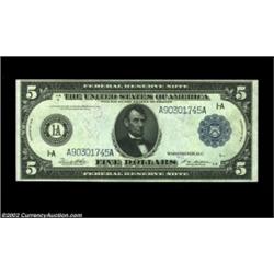 Fr. 847a $5 1914 Federal Reserve Note Choice New. A near-Gem example from the Boston district. Good.