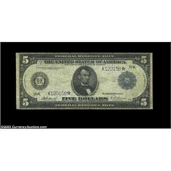 Fr. 886 * $5 1914 Federal Reserve Star Note Very Good. This well worn example is very decent for the