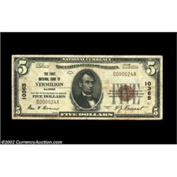 Vermilion, IL - $5 1929 Ty. 1 The First NB Ch. # 10365A very scarce note from this Edgar County bank