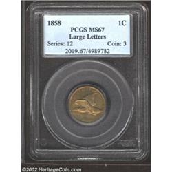 1858 1C Large Letters MS67 PCGS. The Philadelphia Mint produced 24.6 million Cents in 1858. While th