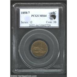 1858/7 1C MS64 PCGS. Eagle Eye Photo Seal. Snow-1. Die Stage A. This is one of the finest examples o