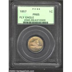 1857 1C PR65 PCGS. PR-1. Beautifully frosted, the eagle seems to float atop deep mirrored fields on.