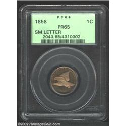 1858 1C Small Letters PR65 PCGS. Low Leaves Reverse. PR-2. This is one of the finest known examples.