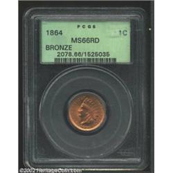 1864 1C Bronze MS66 Red PCGS. Snow-2. Light repunching south, southwest is visible mostly on the fin