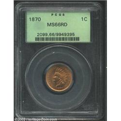 1870 1C MS66 Red PCGS. Shallow N. The Mint introduced a new reverse hub for the Indian Cent in 1870.