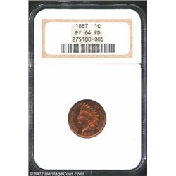 1887 1C PR64 Red NGC. A razor sharp strike is pleasantly accented with glowing copper-red surfaces..