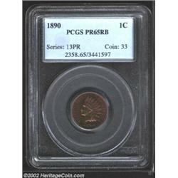 1890 1C PR65 Red and Brown PCGS. An outstanding Gem proof specimen, fully struck with flashy mirrors