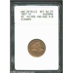 1857 1C--Cleaned--ANACS, Unc Details, Net AU55. FS-005, FND-002, S-8. Considered by Snow to be rare,