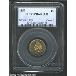 1859 1C PR66 Cameo PCGS. Splendid lemon-gold and rose-violet colors appear when the Cent is rotated.