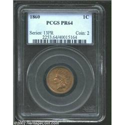 1860 1C PR64 PCGS. An exquisitely struck near-Gem that has lovely olive-brown color and immaculate s