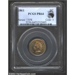 1861 1C PR64 PCGS. A well struck and beautifully preserved near-Gem that has lovely orange-rose colo