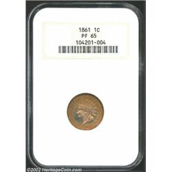 1861 1C PR65 NGC. Deeply mirrored and beautifully toned with hazy iridescence over each side and bri