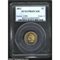 1862 1C PR65 Cameo PCGS. This coin displays a cameo effect on both obverse and reverse. The color is